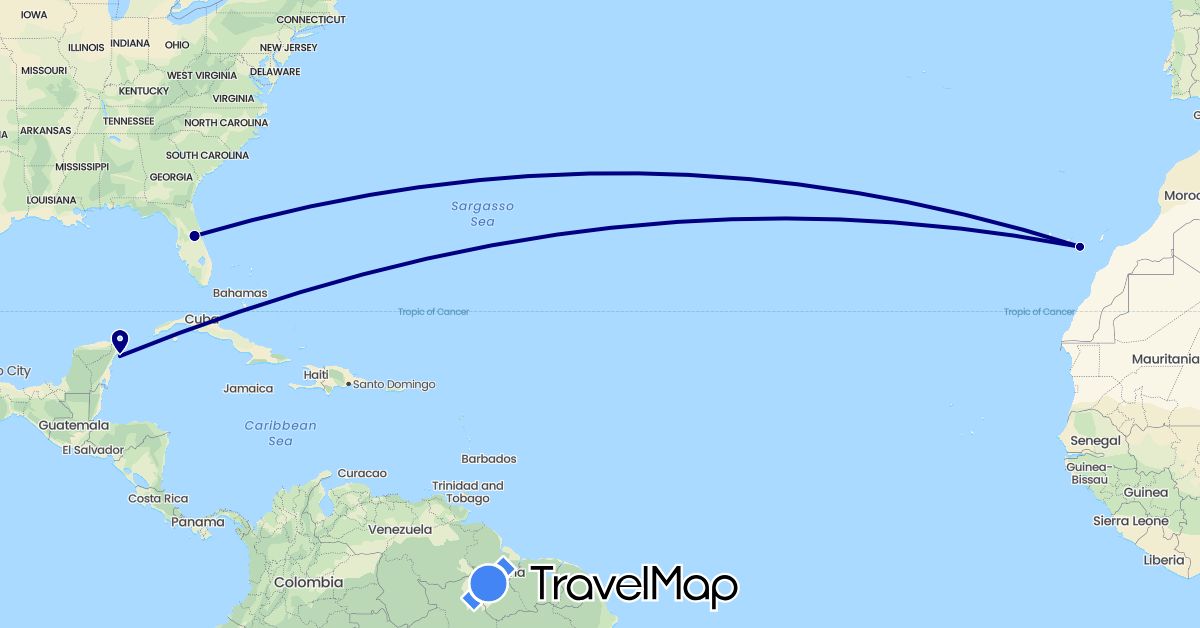 TravelMap itinerary: driving in Spain, Mexico, United States (Europe, North America)